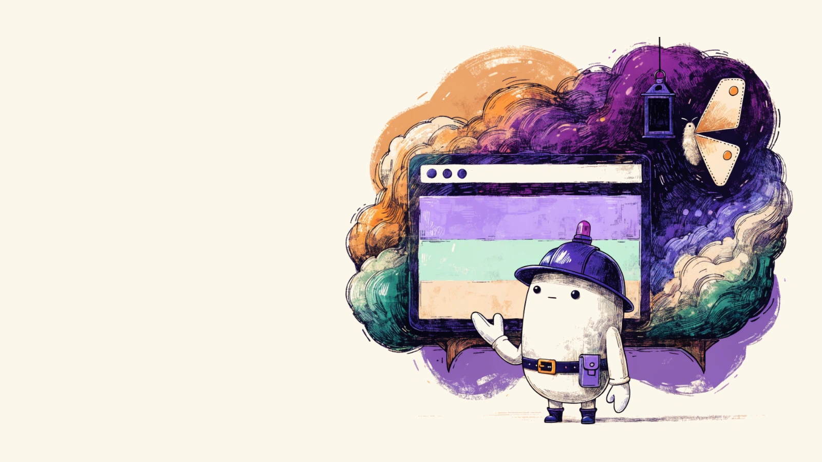 A website shown as a browser-window craft on a launch cradle, with an inspector checking it before launch.