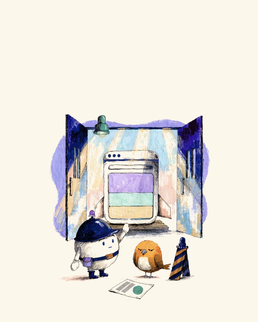 Inspector Dot waves the browser craft through a doorway for launch while the Launch Canary attends beside a striped bollard.